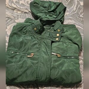 Zara Basic Forest Green Lightweight Puffer Coat With Clip On Cap